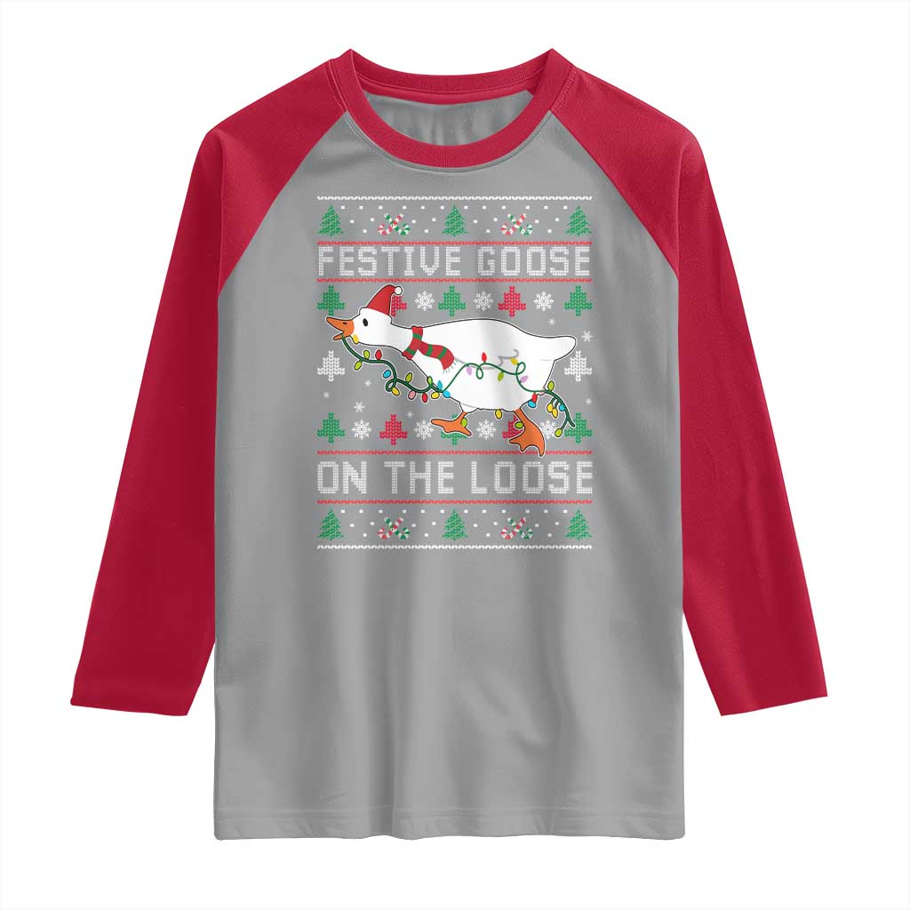 Funny Goose Ugly Christmas Raglan Shirt Festive Goose On The Loose TS10 Sport Gray Red Print Your Wear
