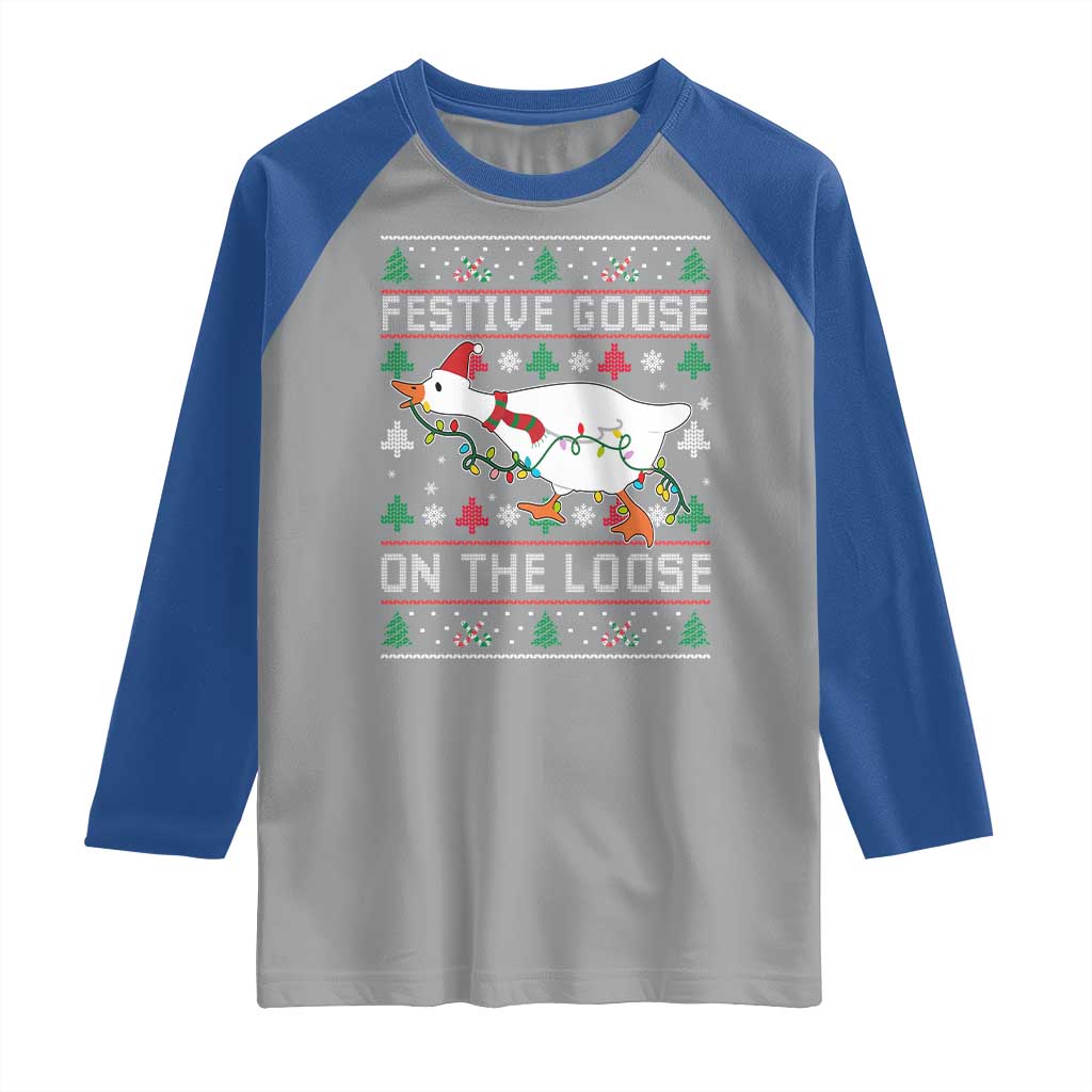 Funny Goose Ugly Christmas Raglan Shirt Festive Goose On The Loose TS10 Sport Gray Royal Print Your Wear