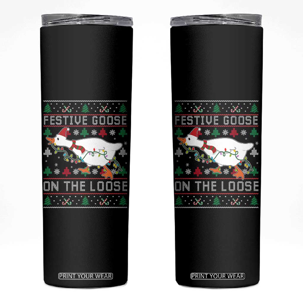 Funny Goose Ugly Christmas Skinny Tumbler Festive Goose On The Loose TS10 Black Print Your Wear