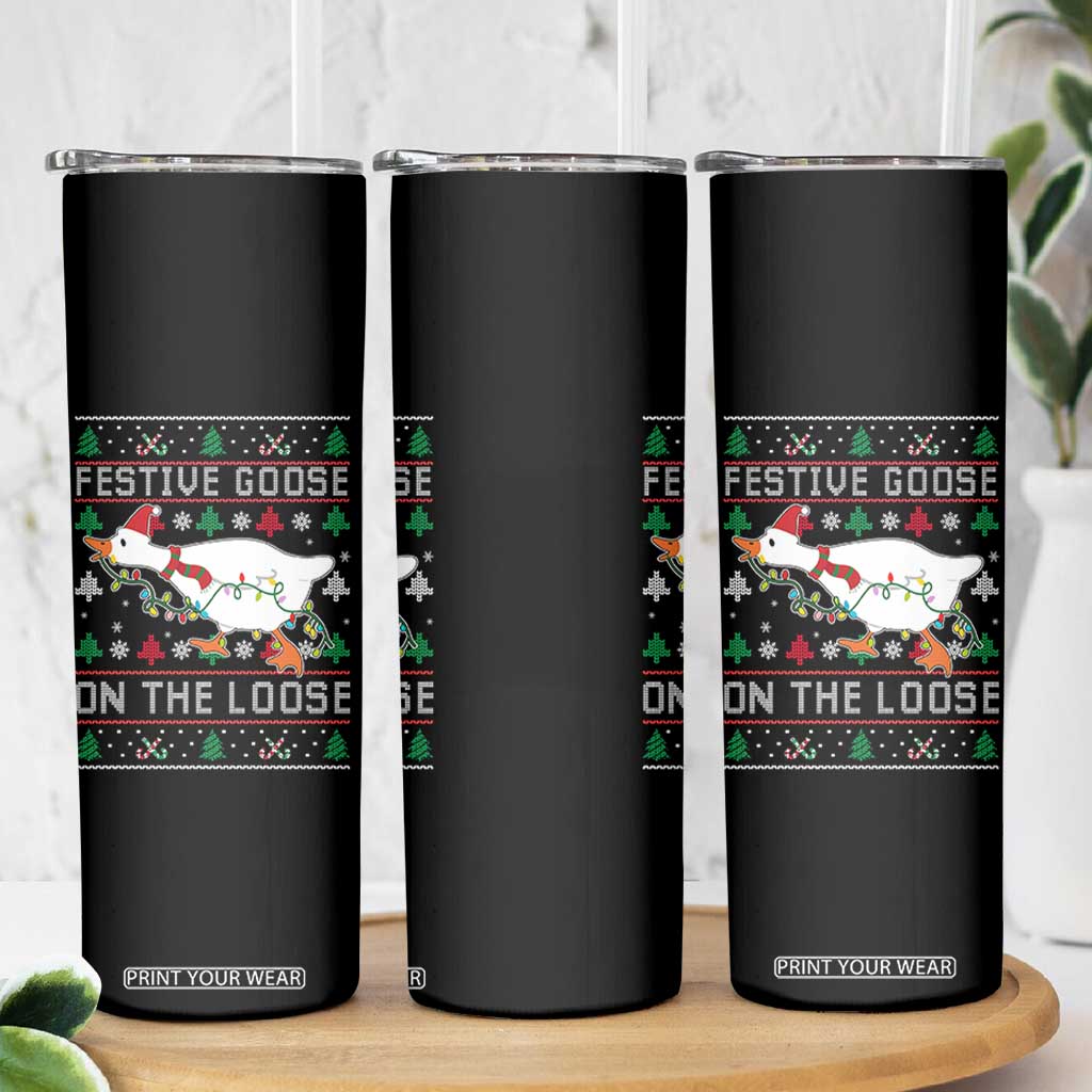 Funny Goose Ugly Christmas Skinny Tumbler Festive Goose On The Loose TS10 Print Your Wear