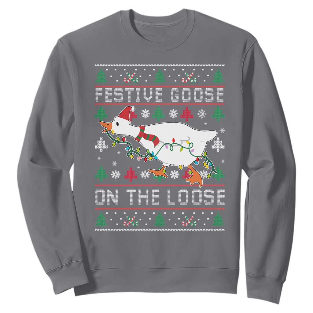 Funny Goose Ugly Christmas Sweatshirt Festive Goose On The Loose TS10 Charcoal Print Your Wear