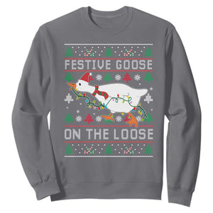 Funny Goose Ugly Christmas Sweatshirt Festive Goose On The Loose TS10 Charcoal Print Your Wear