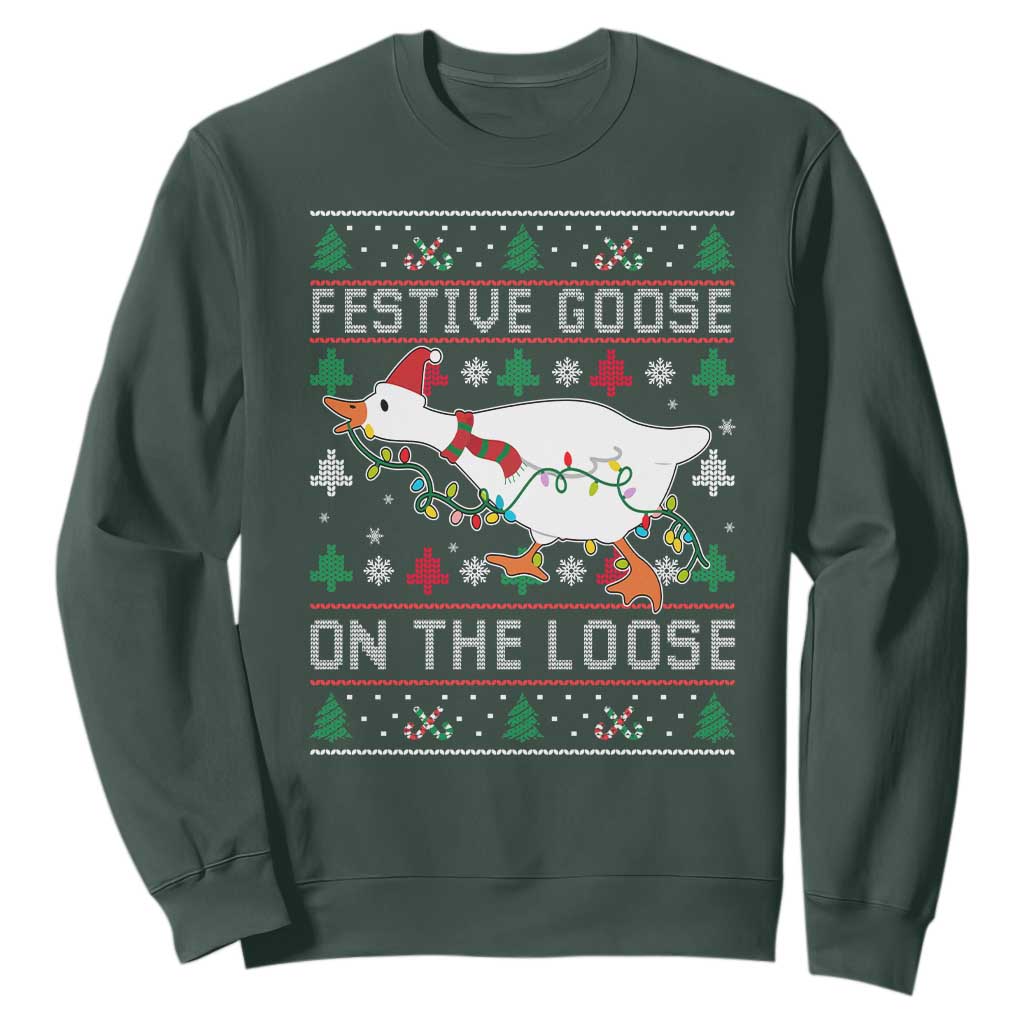 Funny Goose Ugly Christmas Sweatshirt Festive Goose On The Loose TS10 Dark Forest Green Print Your Wear