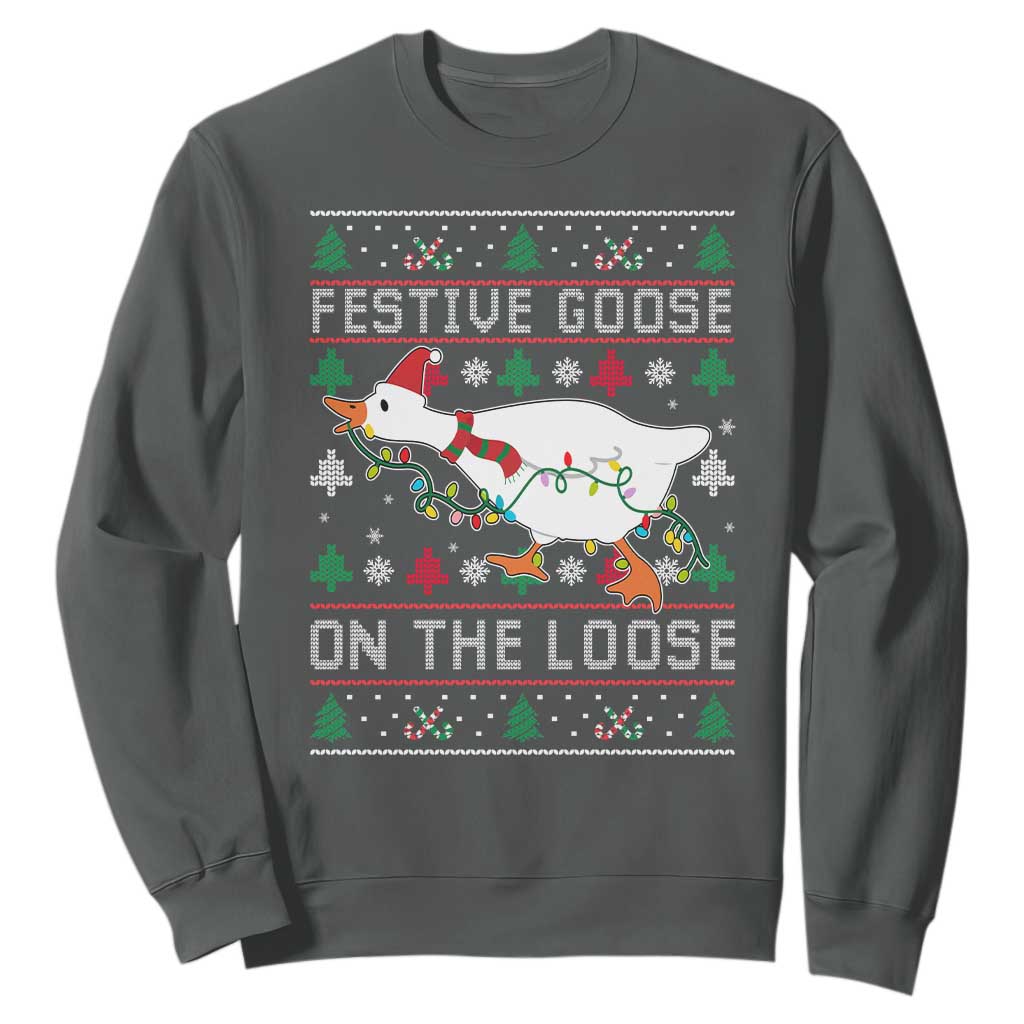 Funny Goose Ugly Christmas Sweatshirt Festive Goose On The Loose TS10 Dark Heather Print Your Wear