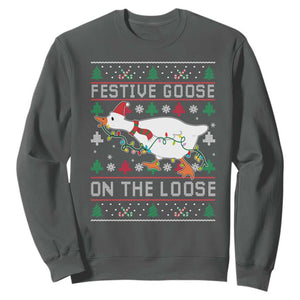 Funny Goose Ugly Christmas Sweatshirt Festive Goose On The Loose TS10 Dark Heather Print Your Wear