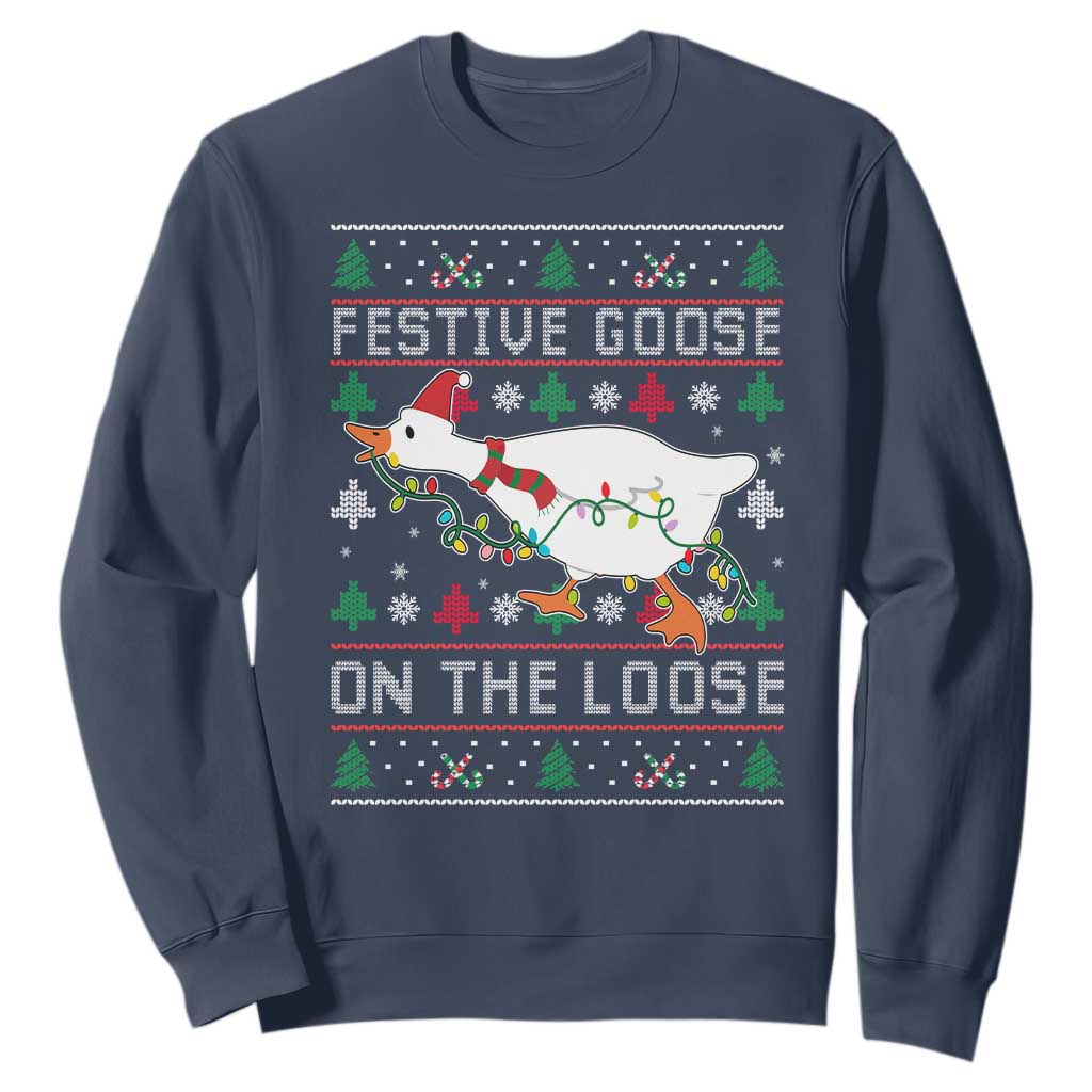 Funny Goose Ugly Christmas Sweatshirt Festive Goose On The Loose TS10 Navy Print Your Wear