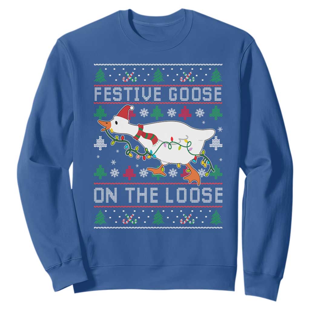 Funny Goose Ugly Christmas Sweatshirt Festive Goose On The Loose TS10 Royal Blue Print Your Wear