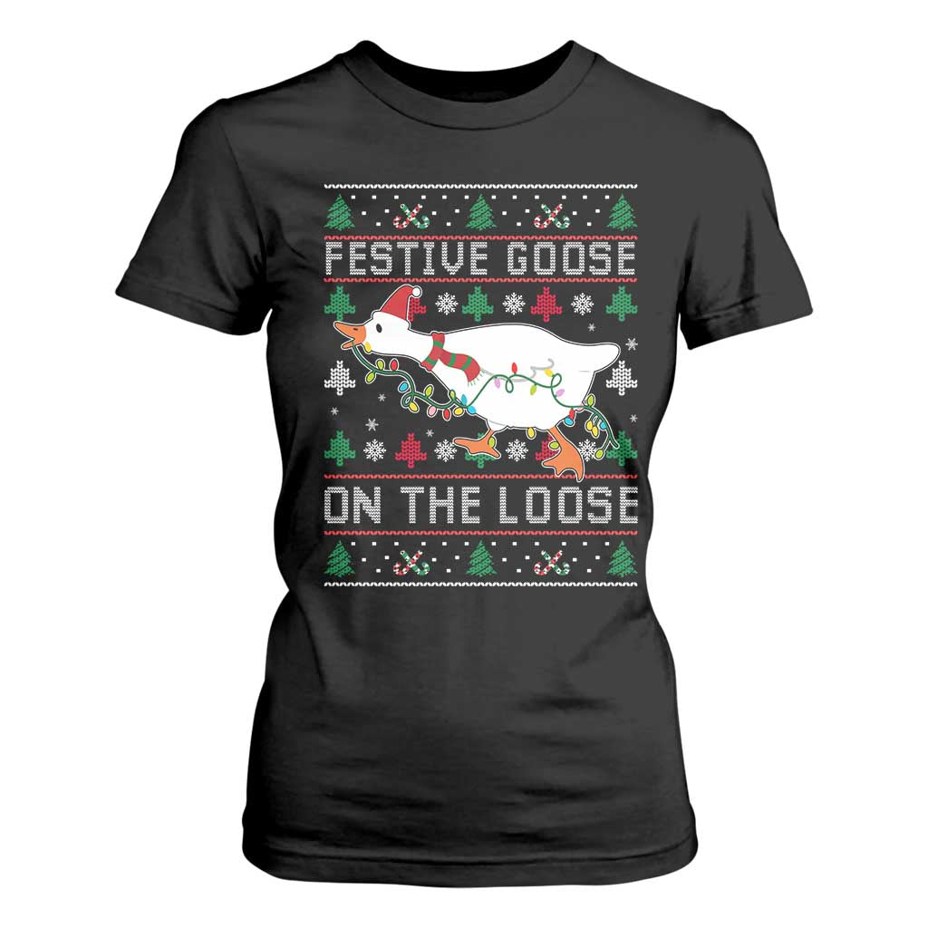 Funny Goose Ugly Christmas T Shirt For Women Festive Goose On The Loose TS10 Black Print Your Wear