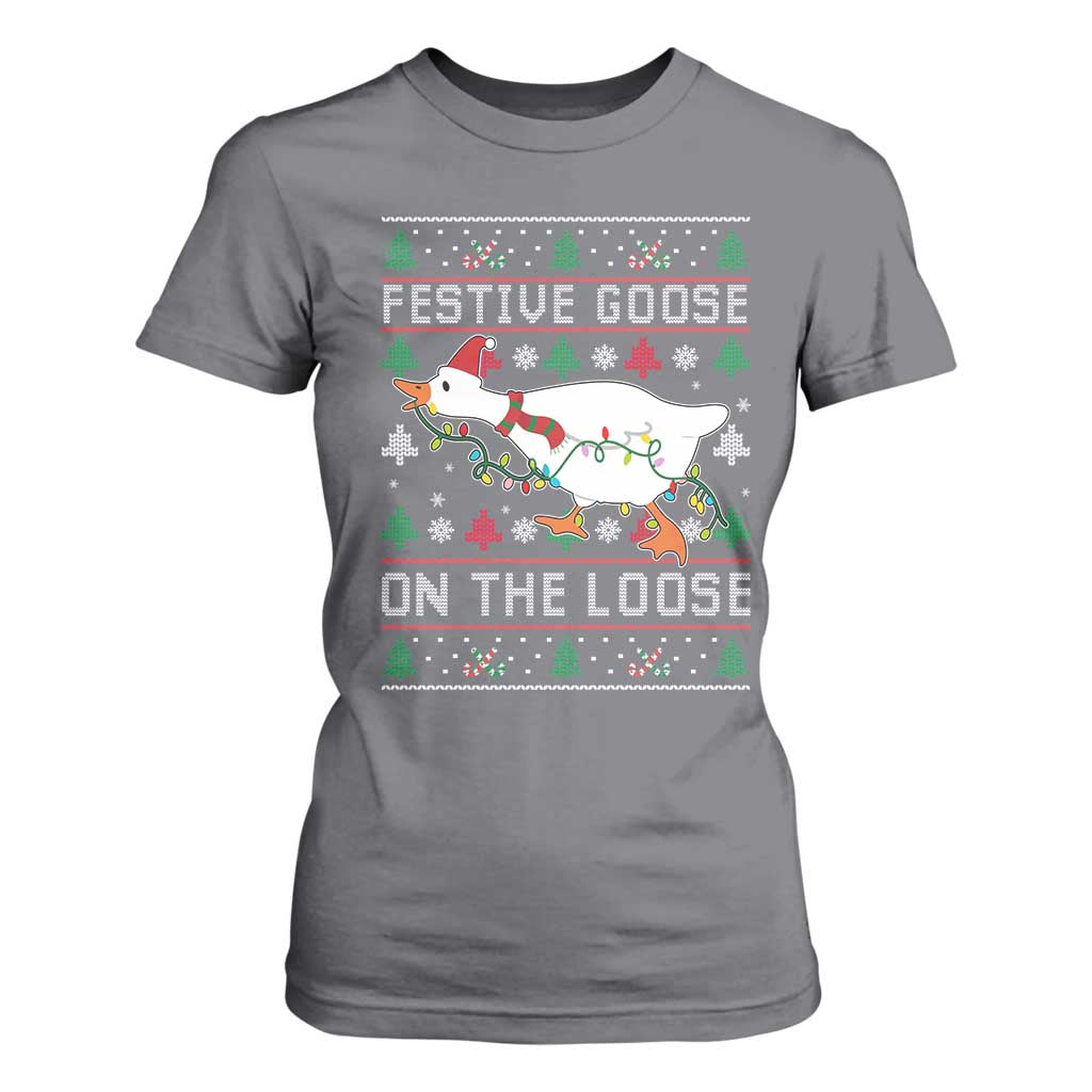 Funny Goose Ugly Christmas T Shirt For Women Festive Goose On The Loose TS10 Charcoal Print Your Wear