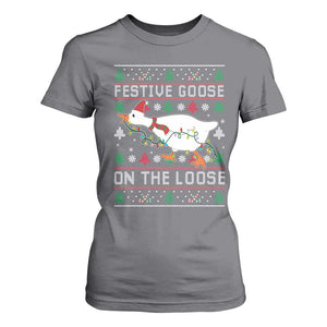 Funny Goose Ugly Christmas T Shirt For Women Festive Goose On The Loose TS10 Charcoal Print Your Wear