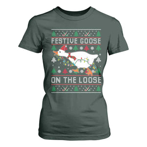 Funny Goose Ugly Christmas T Shirt For Women Festive Goose On The Loose TS10 Dark Forest Green Print Your Wear