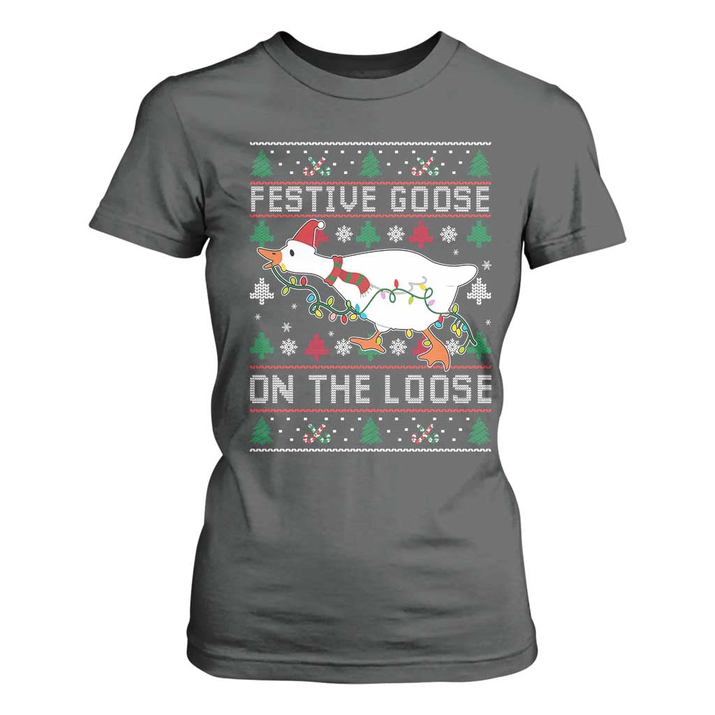 Funny Goose Ugly Christmas T Shirt For Women Festive Goose On The Loose TS10 Dark Heather Print Your Wear
