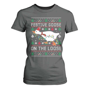 Funny Goose Ugly Christmas T Shirt For Women Festive Goose On The Loose TS10 Dark Heather Print Your Wear