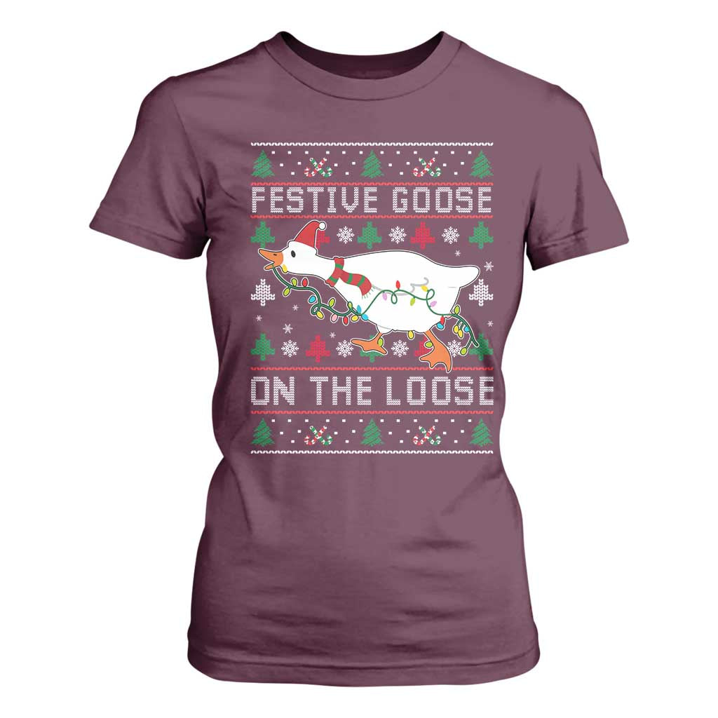 Funny Goose Ugly Christmas T Shirt For Women Festive Goose On The Loose TS10 Maroon Print Your Wear