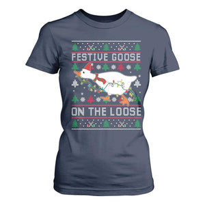 Funny Goose Ugly Christmas T Shirt For Women Festive Goose On The Loose TS10 Navy Print Your Wear