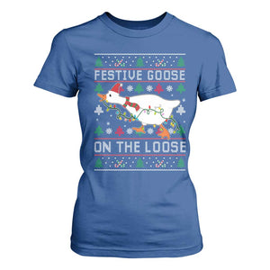 Funny Goose Ugly Christmas T Shirt For Women Festive Goose On The Loose TS10 Royal Blue Print Your Wear