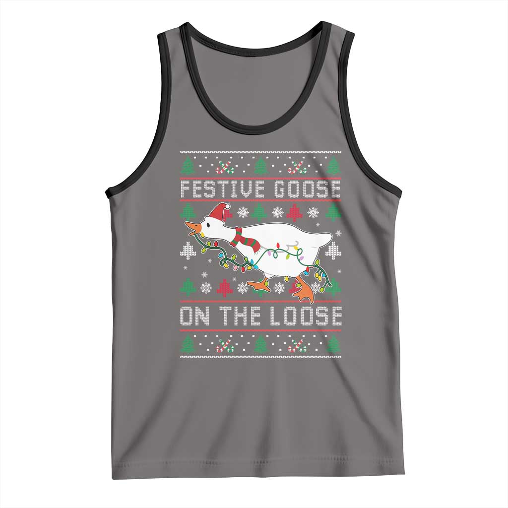 Funny Goose Ugly Christmas Tank Top Festive Goose On The Loose TS10 Deep Heather Black Print Your Wear