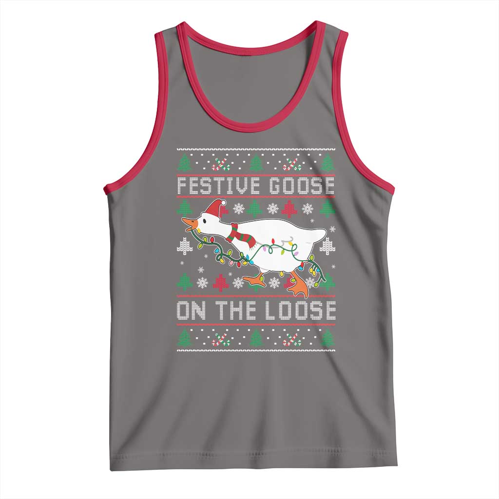 Funny Goose Ugly Christmas Tank Top Festive Goose On The Loose TS10 Deep Heather Red Print Your Wear