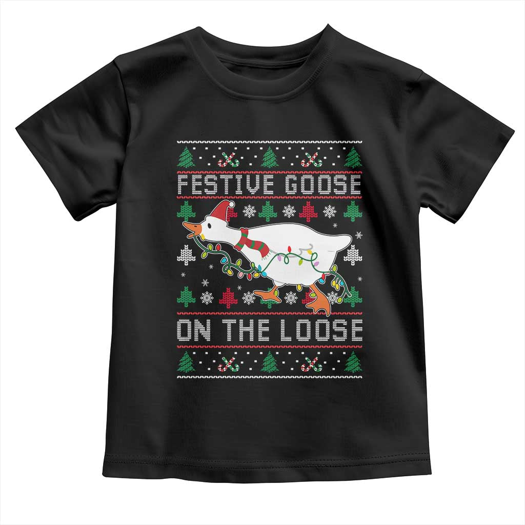 Funny Goose Ugly Christmas Toddler T Shirt Festive Goose On The Loose TS10 Black Print Your Wear