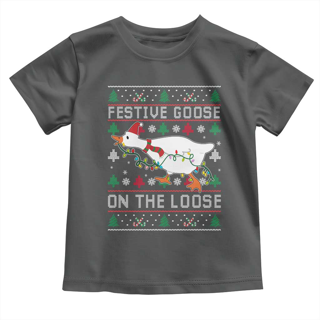 Funny Goose Ugly Christmas Toddler T Shirt Festive Goose On The Loose TS10 Dark Heather Print Your Wear