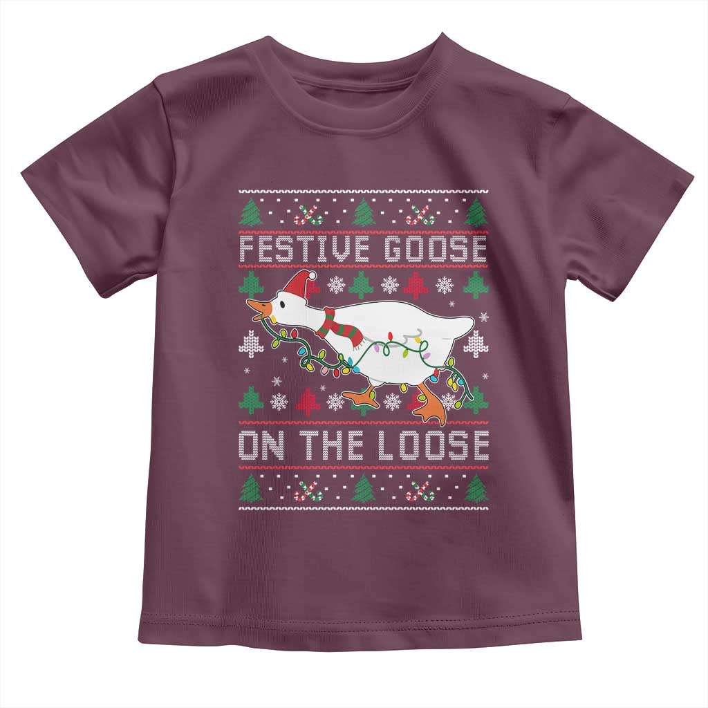 Funny Goose Ugly Christmas Toddler T Shirt Festive Goose On The Loose TS10 Maroon Print Your Wear