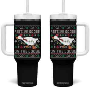 Funny Goose Ugly Christmas Tumbler With Handle Festive Goose On The Loose TS10 One Size: 40 oz Black Print Your Wear