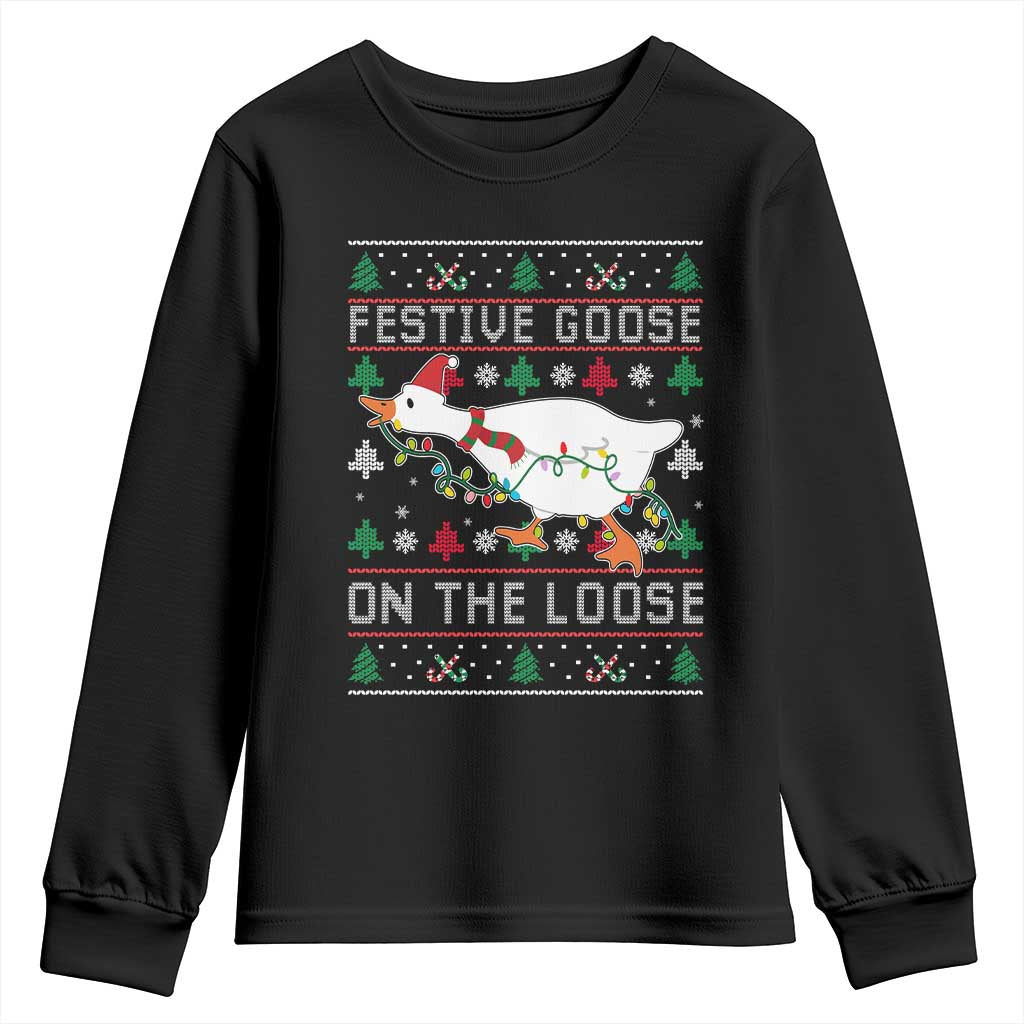 Funny Goose Ugly Christmas Youth Sweatshirt Festive Goose On The Loose TS10 Black Print Your Wear