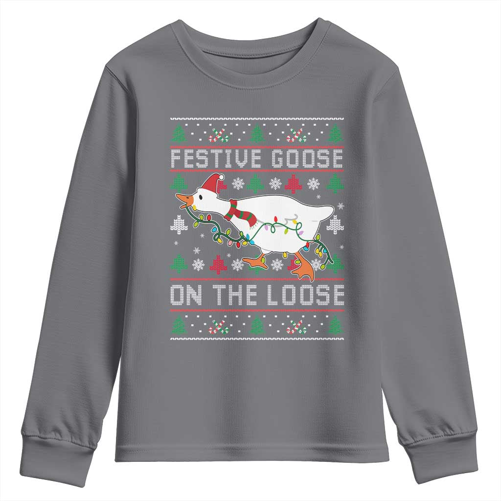 Funny Goose Ugly Christmas Youth Sweatshirt Festive Goose On The Loose TS10 Charcoal Print Your Wear