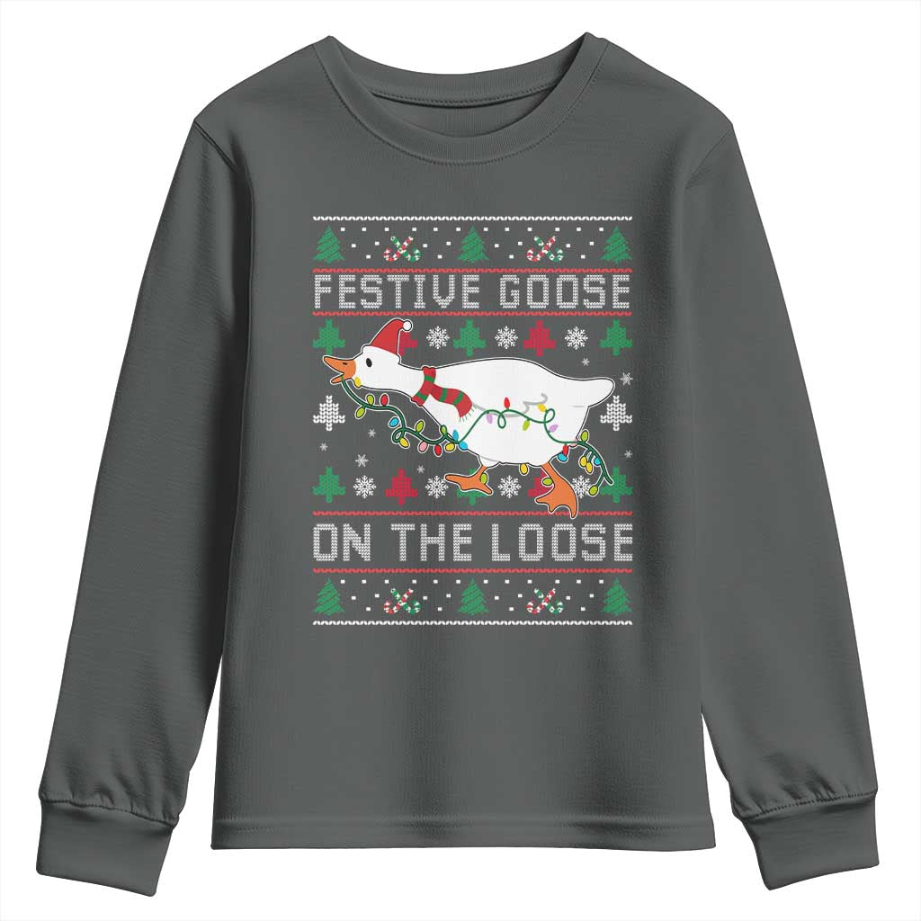 Funny Goose Ugly Christmas Youth Sweatshirt Festive Goose On The Loose TS10 Dark Heather Print Your Wear