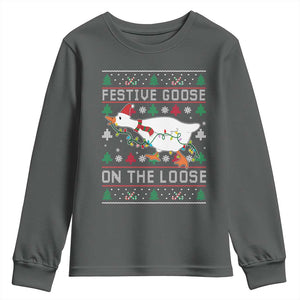 Funny Goose Ugly Christmas Youth Sweatshirt Festive Goose On The Loose TS10 Dark Heather Print Your Wear