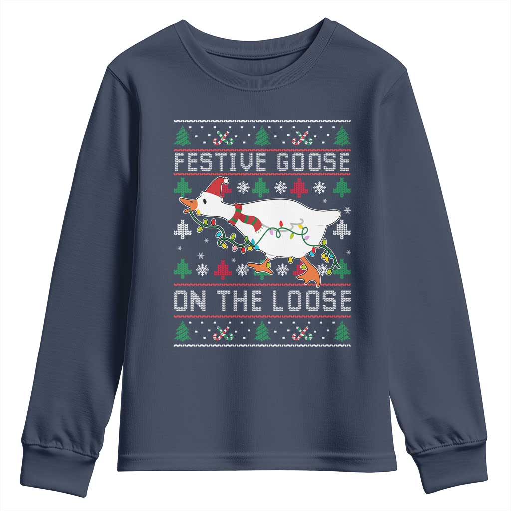 Funny Goose Ugly Christmas Youth Sweatshirt Festive Goose On The Loose TS10 Navy Print Your Wear