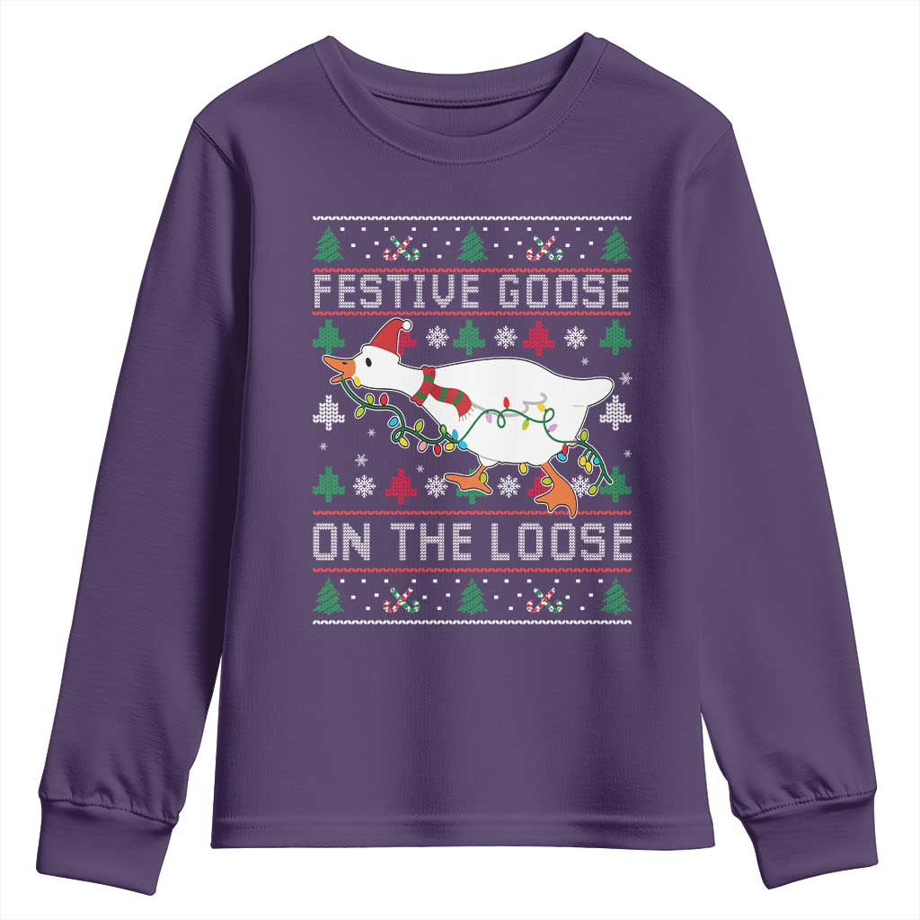 Funny Goose Ugly Christmas Youth Sweatshirt Festive Goose On The Loose TS10 Purple Print Your Wear