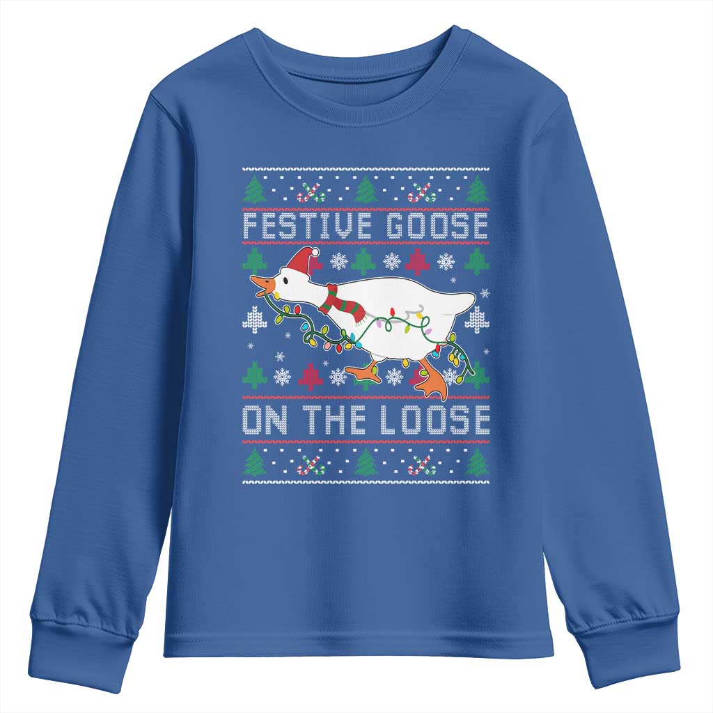 Funny Goose Ugly Christmas Youth Sweatshirt Festive Goose On The Loose TS10 Royal Blue Print Your Wear