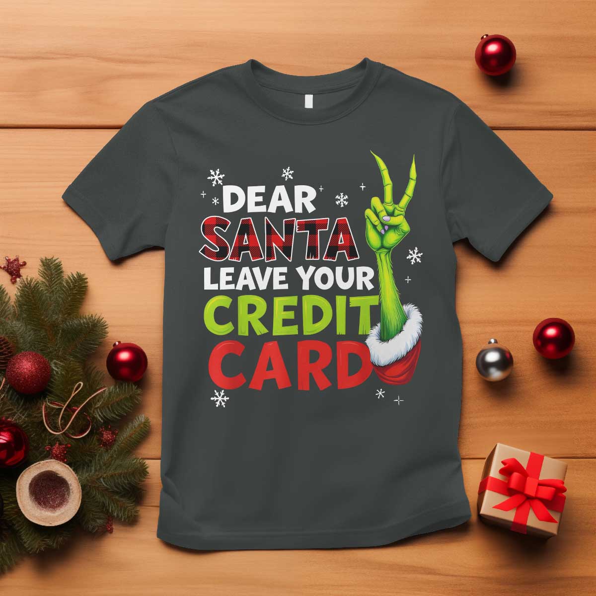 Funny Christmas T Shirt Dear Santa Leave Your Credit Card Red Plaid Pajamas TS10 Dark Heather Print Your Wear
