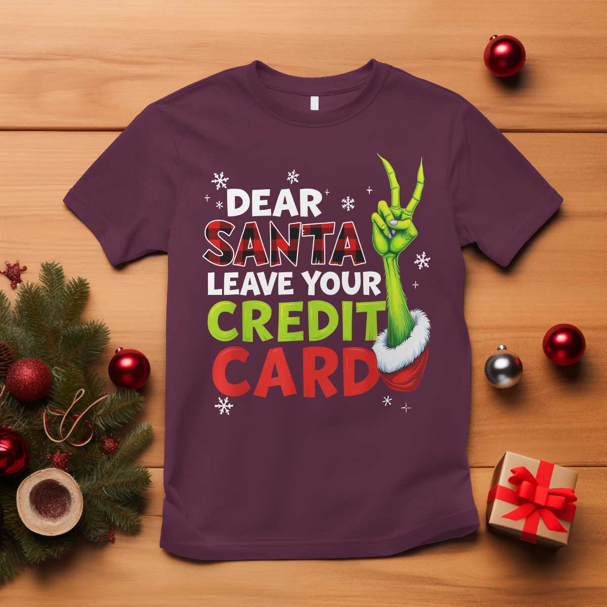Funny Christmas T Shirt Dear Santa Leave Your Credit Card Red Plaid Pajamas TS10 Maroon Print Your Wear