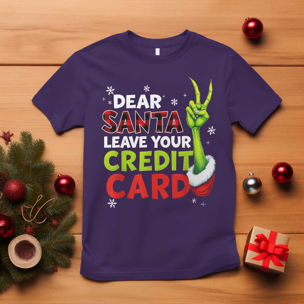 Funny Christmas T Shirt Dear Santa Leave Your Credit Card Red Plaid Pajamas TS10 Purple Print Your Wear