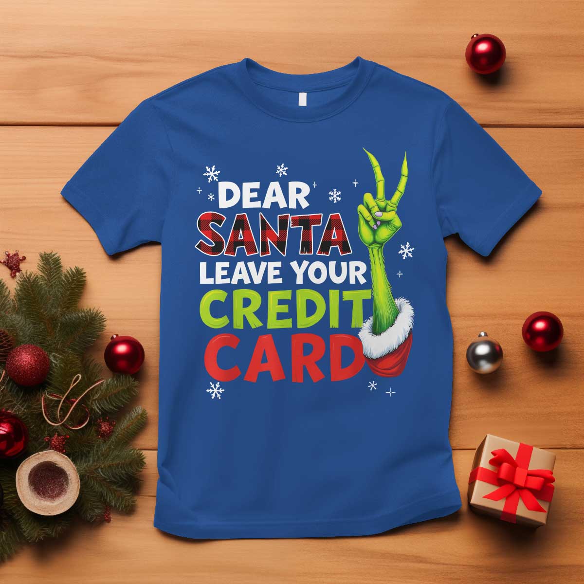 Funny Christmas T Shirt Dear Santa Leave Your Credit Card Red Plaid Pajamas TS10 Royal Blue Print Your Wear
