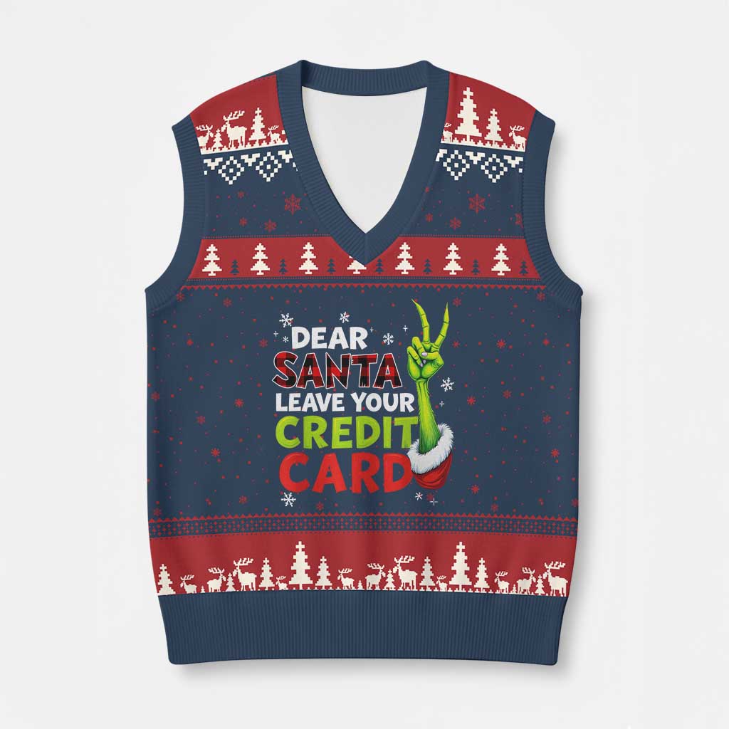 Funny Xmas V-Neck Knit Sweater Vest Dear Santa Leave Your Credit Card Red Plaid Pajamas TS10 Navy Red Print Your Wear