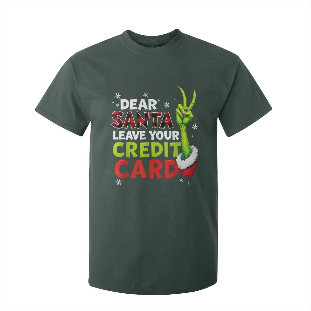 Funny Christmas T Shirt For Kid Dear Santa Leave Your Credit Card Red Plaid Pajamas TS10 Dark Forest Green Print Your Wear