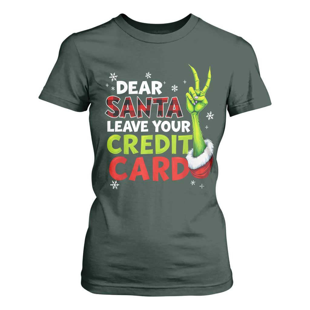 Funny Christmas T Shirt For Women Dear Santa Leave Your Credit Card Red Plaid Pajamas TS10 Dark Forest Green Print Your Wear