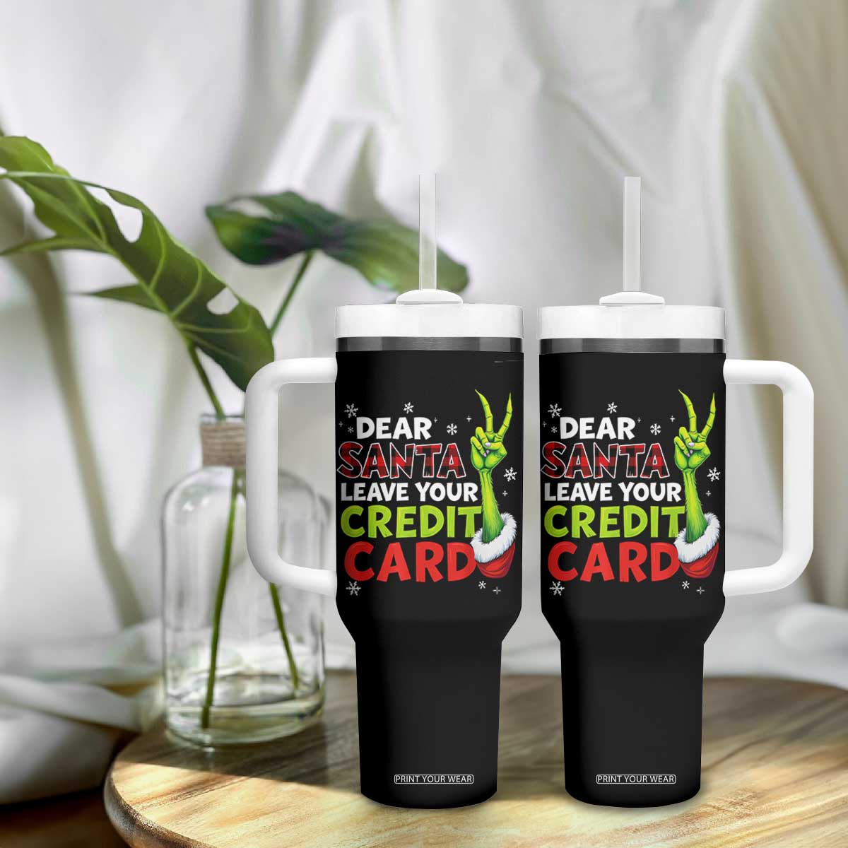 Funny Christmas Tumbler With Handle Dear Santa Leave Your Credit Card Red Plaid Pajamas TS10 Print Your Wear