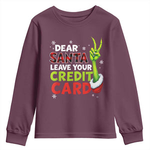 Funny Christmas Youth Sweatshirt Dear Santa Leave Your Credit Card Red Plaid Pajamas TS10 Maroon Print Your Wear