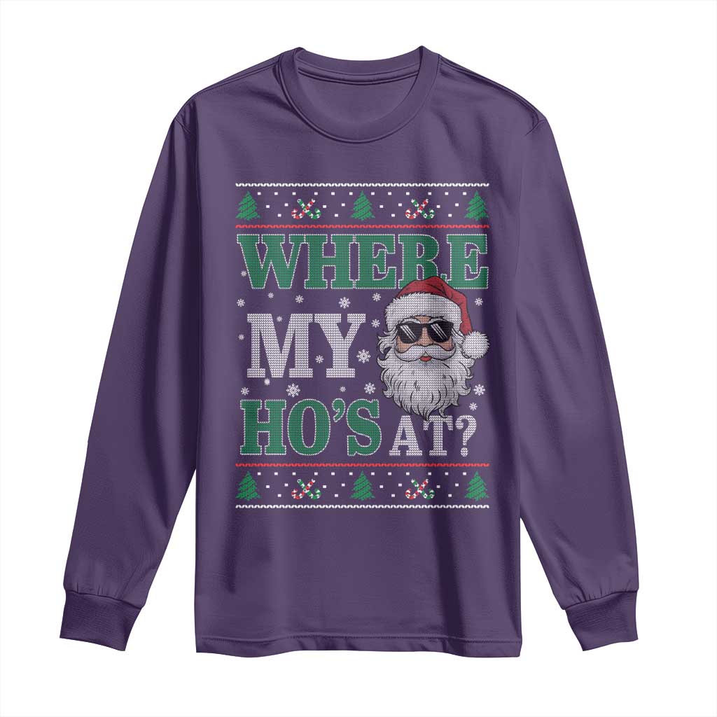 Where's My Ho At Matching Ugly Christmas Long Sleeve Shirt Santa Funny Couples TS10 Purple Print Your Wear