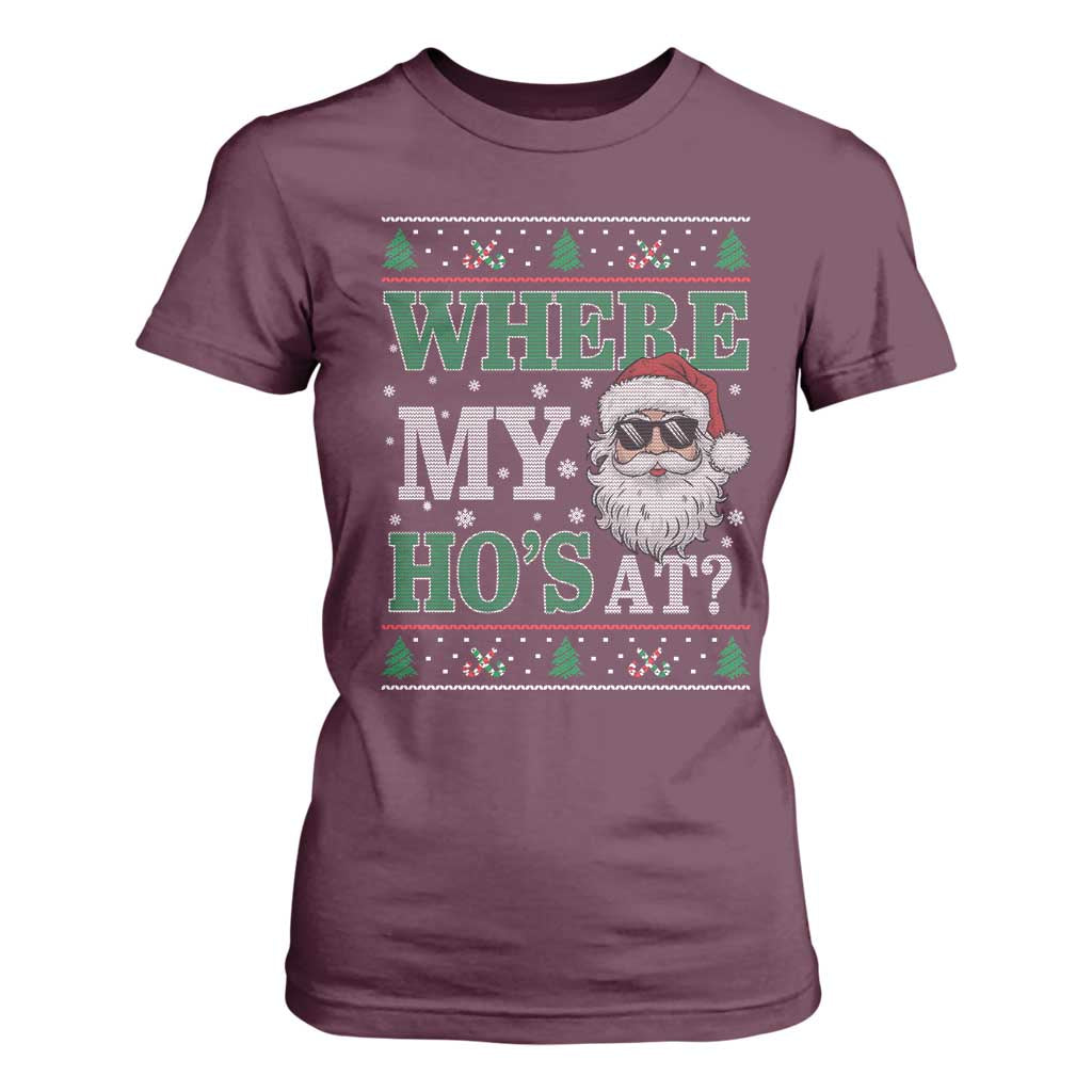 Where's My Ho At Matching Ugly Christmas T Shirt For Women Santa Funny Couples TS10 Maroon Print Your Wear