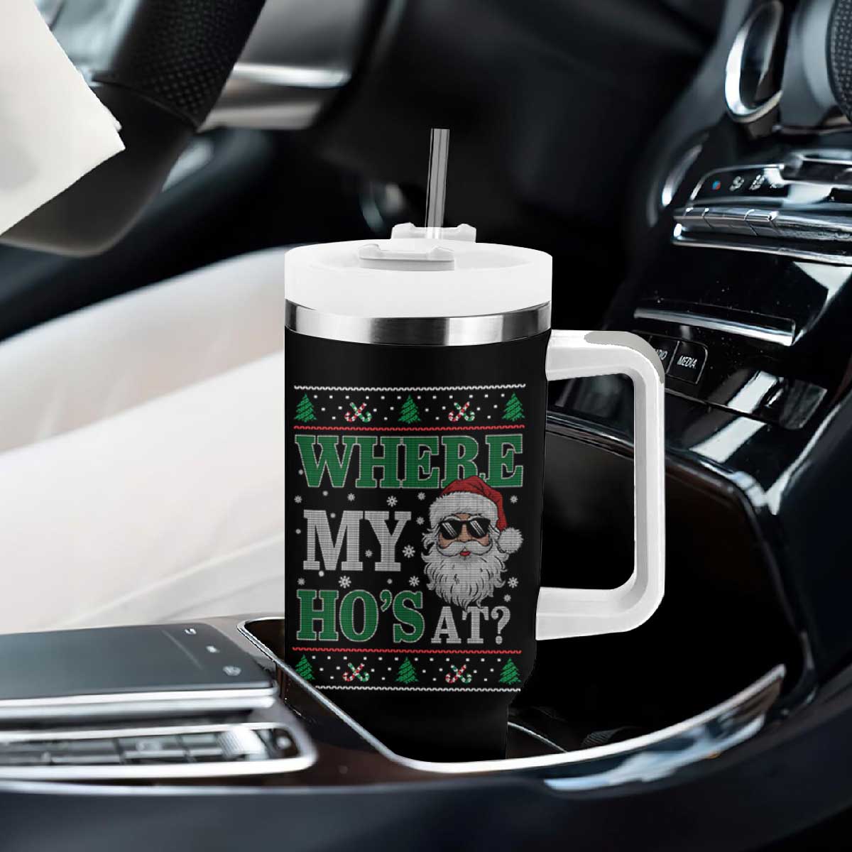 Where's My Ho At Matching Ugly Christmas Tumbler With Handle Santa Funny Couples TS10 Print Your Wear