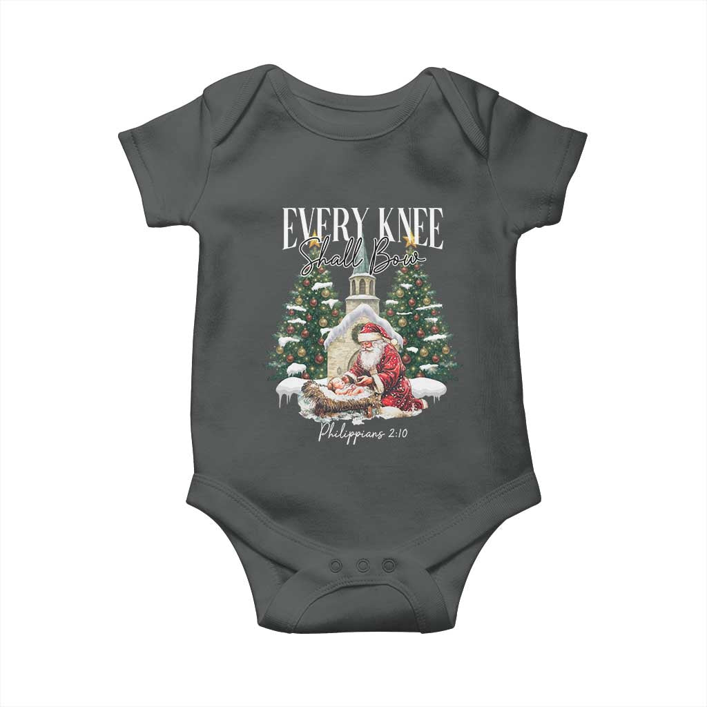 Every Knee Shall Bow Baby Onesie Nativity Scene Santa and Baby Jesus Christmas TS10 Dark Heather Print Your Wear