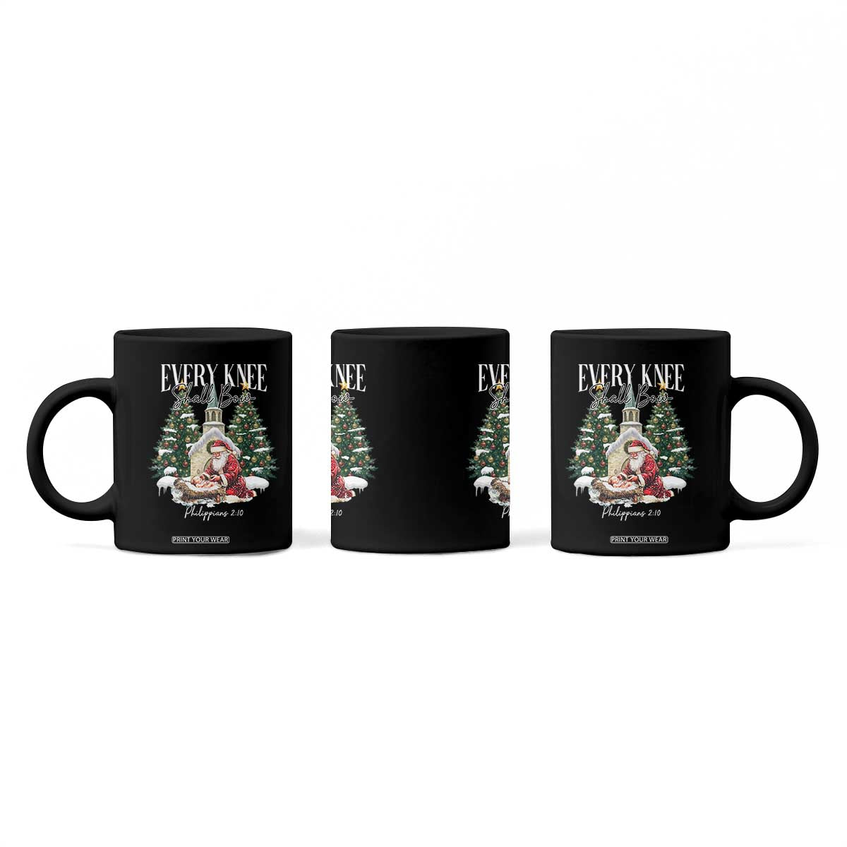 Every Knee Shall Bow Coffee Mug Nativity Scene Santa and Baby Jesus Christmas TS10 Print Your Wear