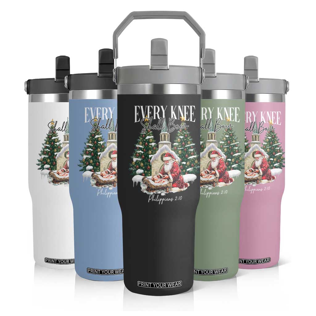 Every Knee Shall Bow Flip Straw Tumbler Nativity Scene Santa and Baby Jesus Christmas TS10 Print Your Wear