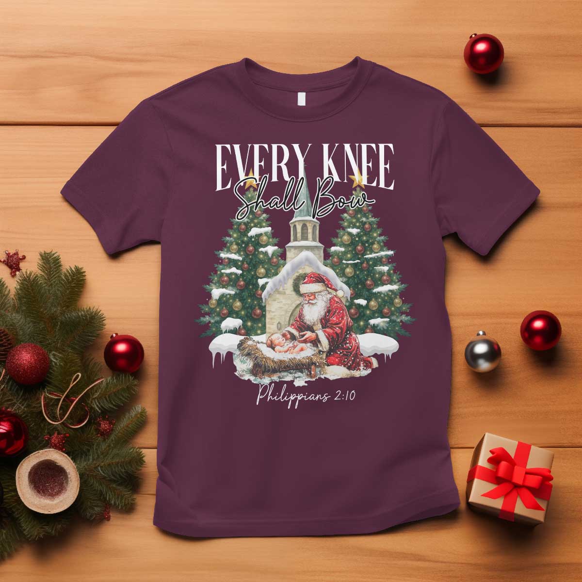 Every Knee Shall Bow T Shirt Nativity Scene Santa and Baby Jesus Christmas TS10 Maroon Print Your Wear