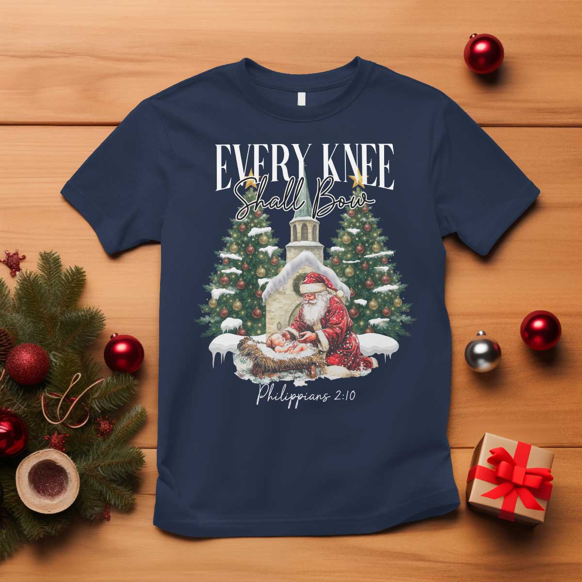 Every Knee Shall Bow T Shirt Nativity Scene Santa and Baby Jesus Christmas TS10 Navy Print Your Wear
